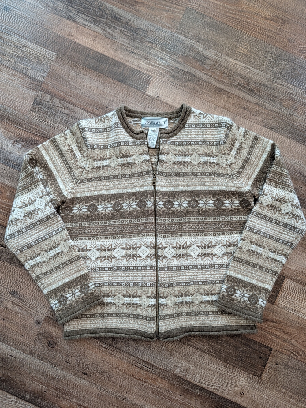 Vintage Jones Wear Sport Full Zip Sweater Nordic Fair Isle Print Wool Knit Sz M